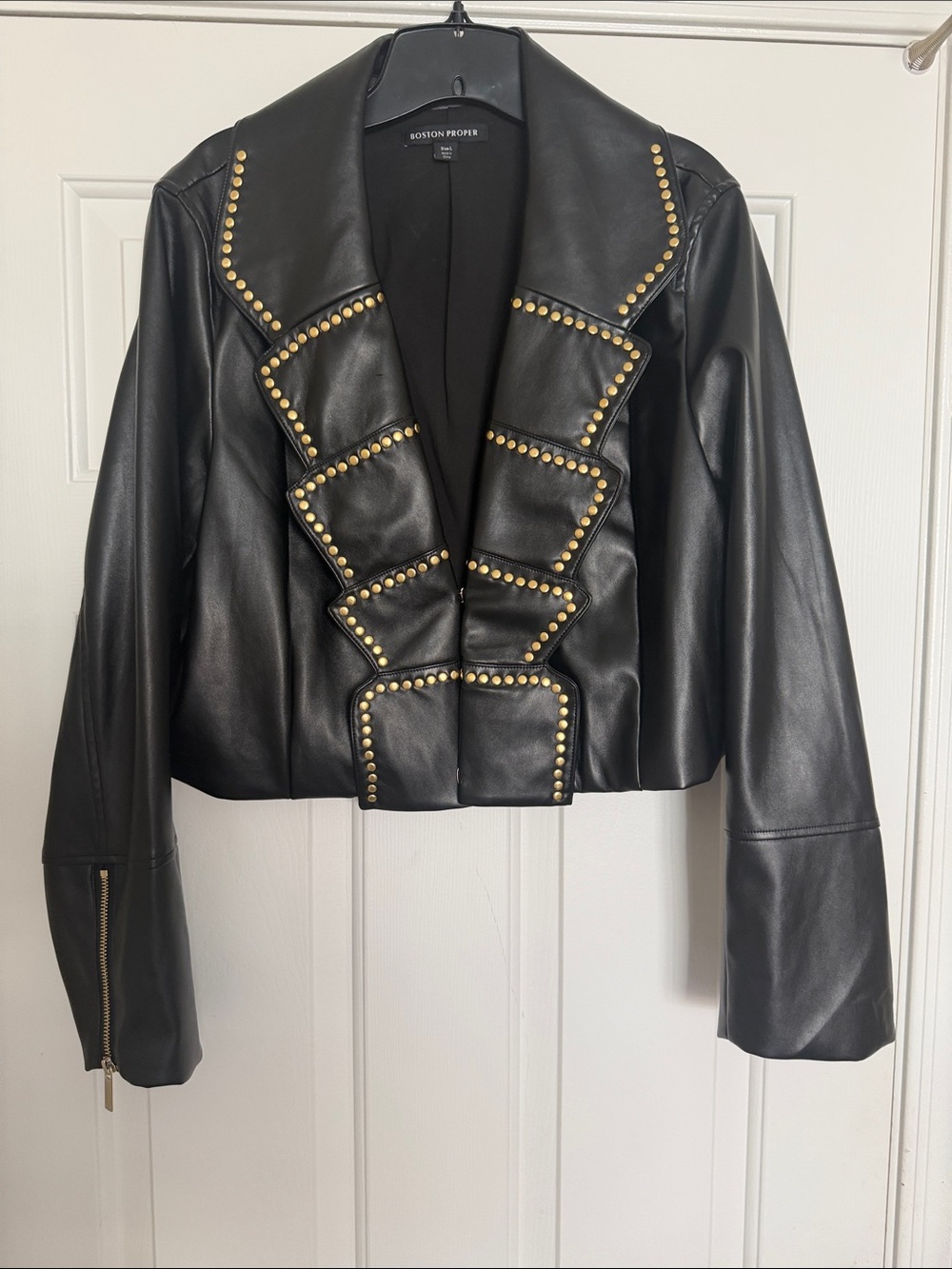 Boston Proper New Black Faux Leather Cropped Studded Jacket, size L, Chest-40”